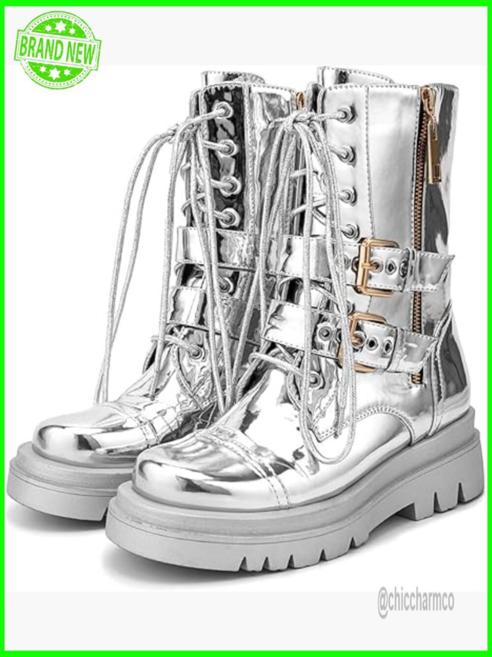 Mid Calf Combat Boots Platform Chunky Heel Lace up Zipper Lug Sole